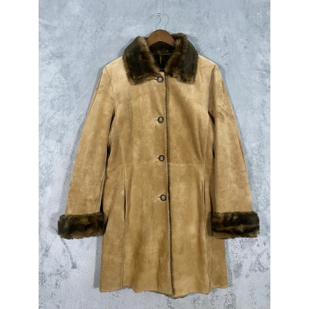 LNR‎ La Nouvelle Renaissance Jacket Sz L Tan Suede Faux Fur Shearling Penny Lane